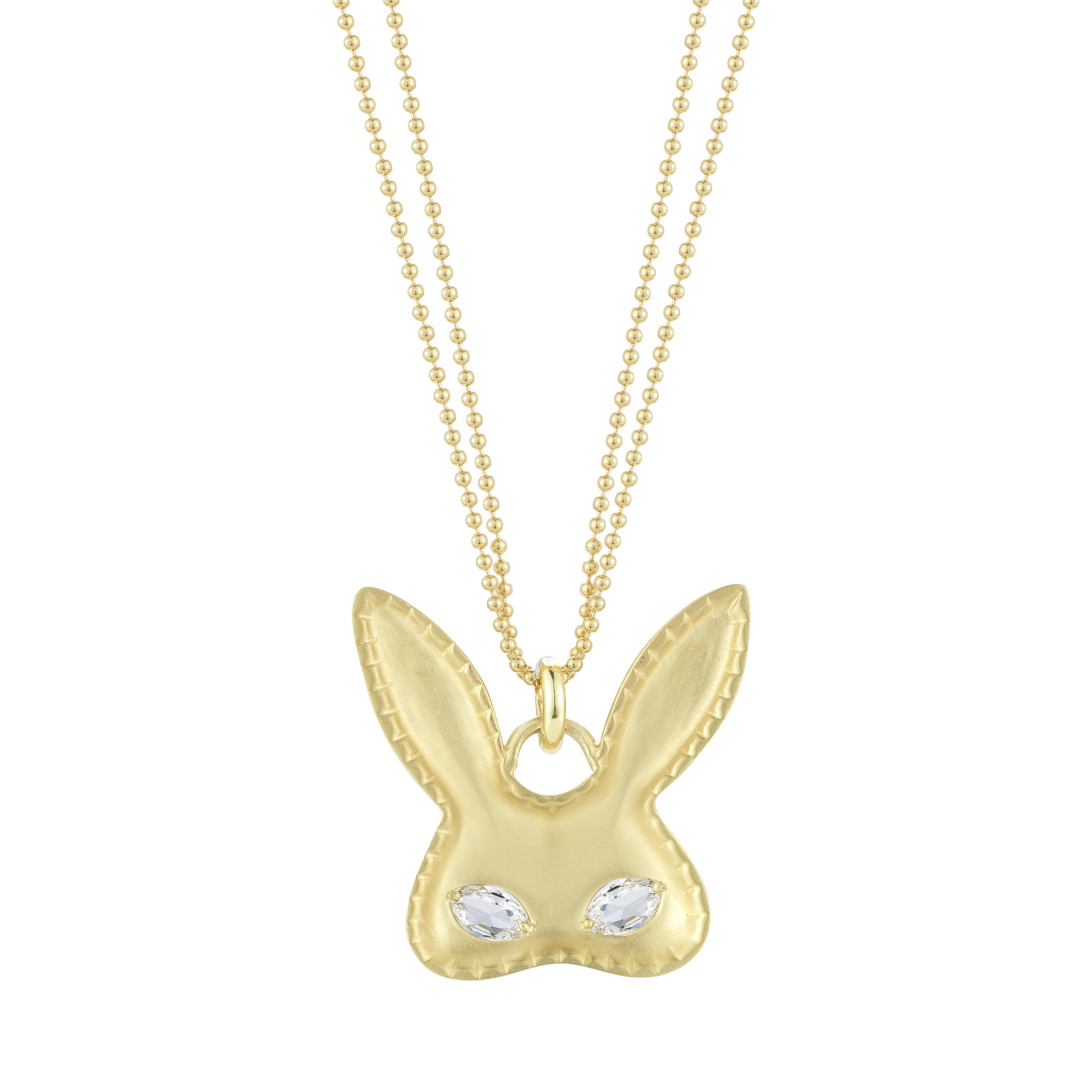 18k gold rabbit bunny costume mask pendant with diamond eyes on wrapped chain by finn by candice pool neistat