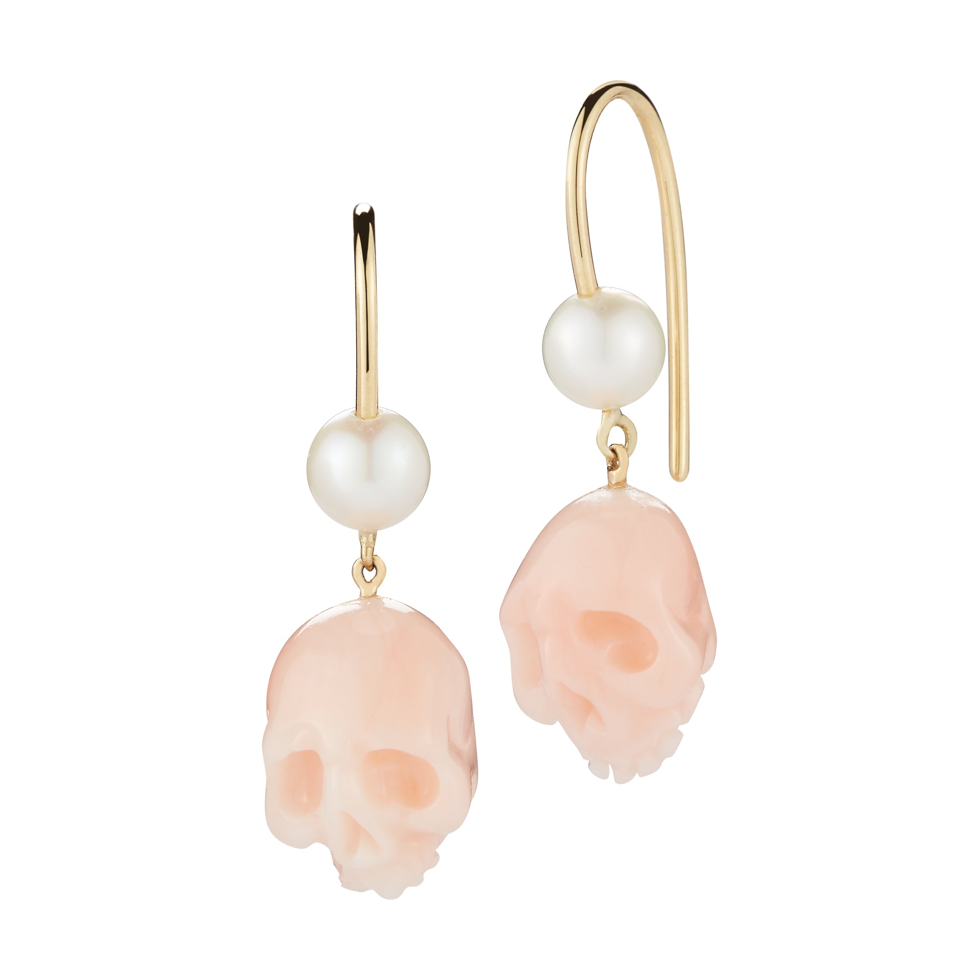18k gold skull dangle earrings in coral pink with akoya pearls by finn by candice pool neistat