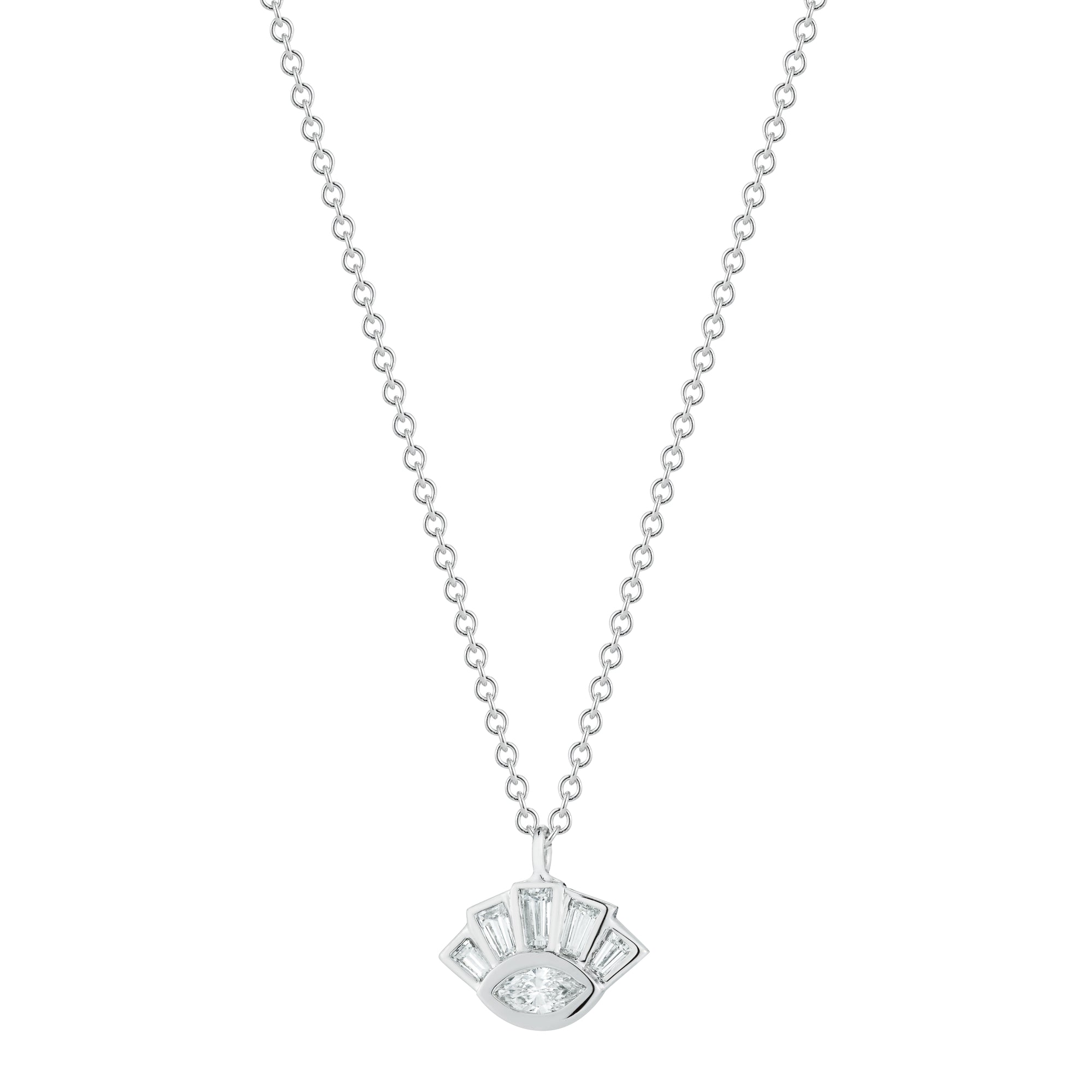 little tiny eye of providence baguette diamond necklace in 18k white gold by finn by candice pool neistat