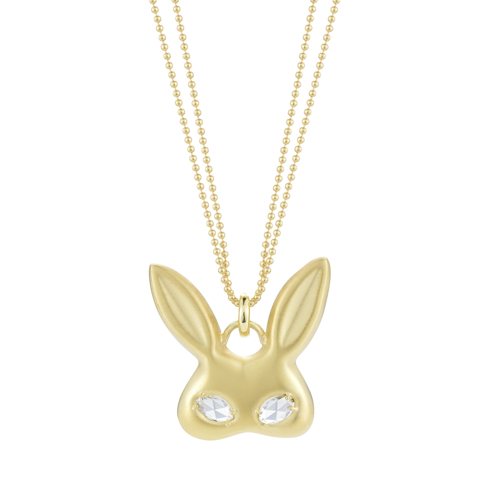18k gold rabbit bunny costume mask pendant with diamond eyes on wrapped chain by finn by candice pool neistat