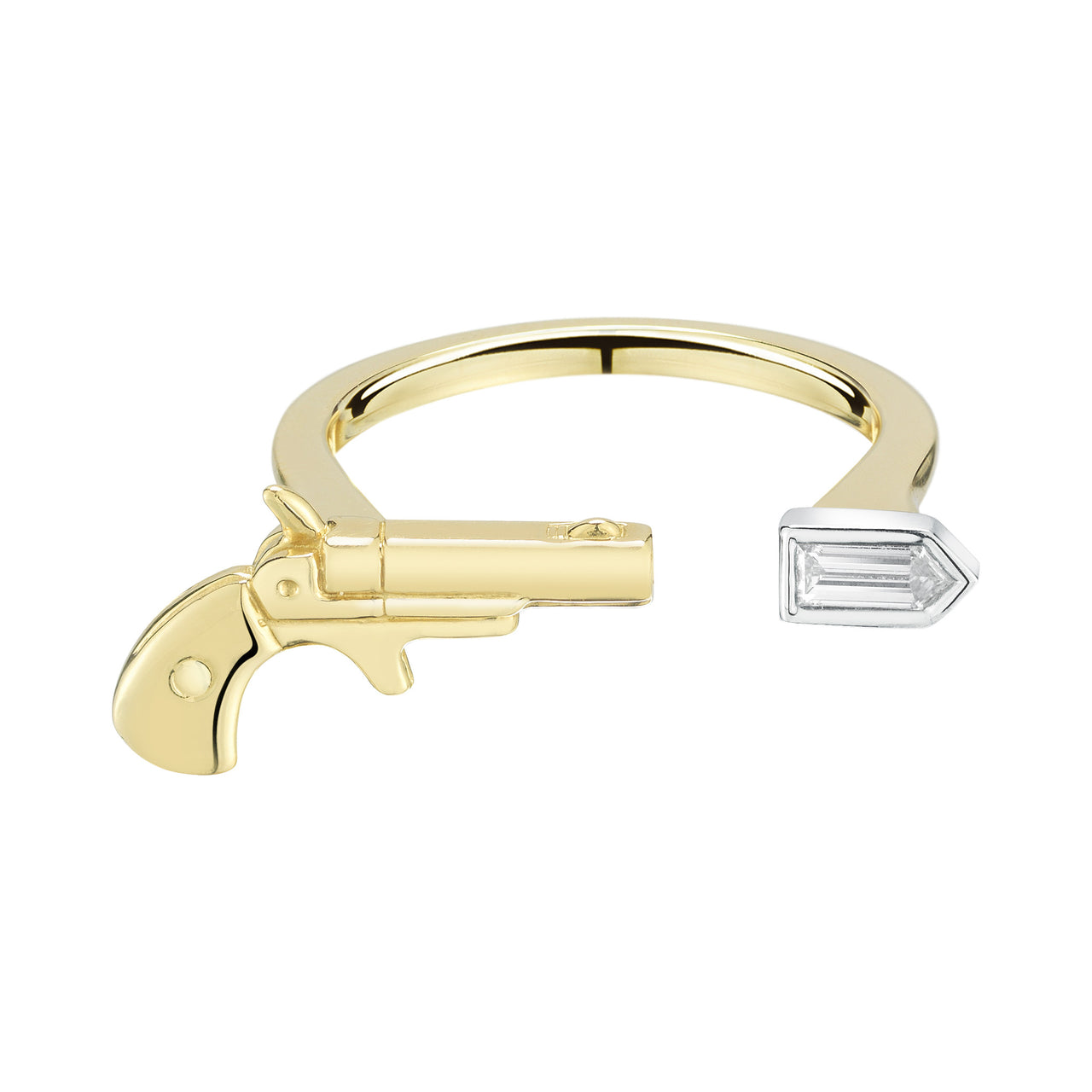 unique minimalistic pistol and bullet diamond 18k gold ring by finn by candice pool neistat
