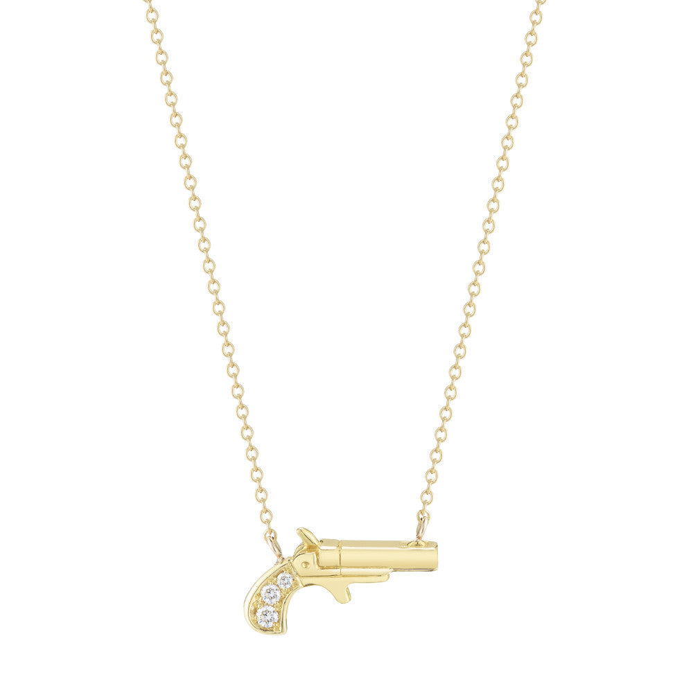 little pistol pendant with pave diamond necklace in 18k yellow gold by finn by candice pool neistat