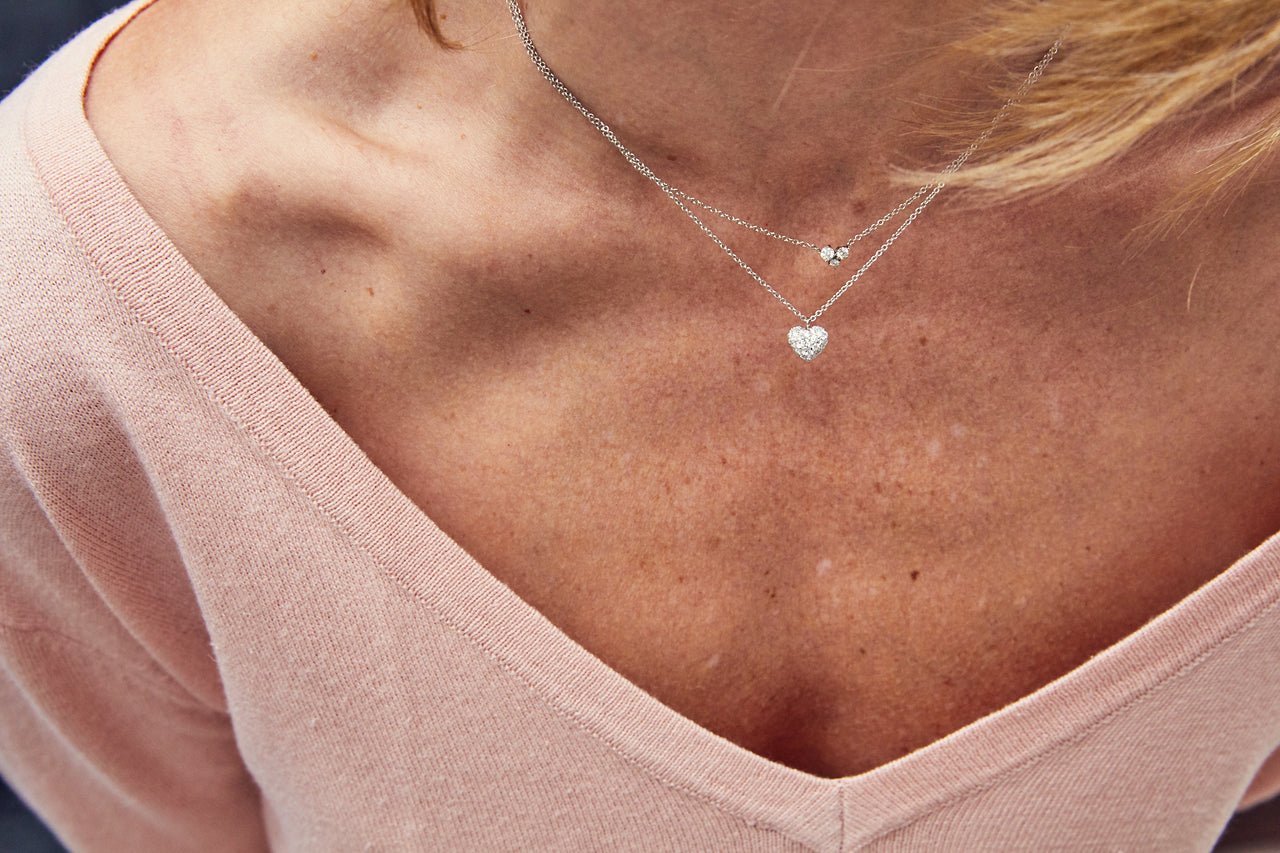 White Puffed Diamond Heart Necklace