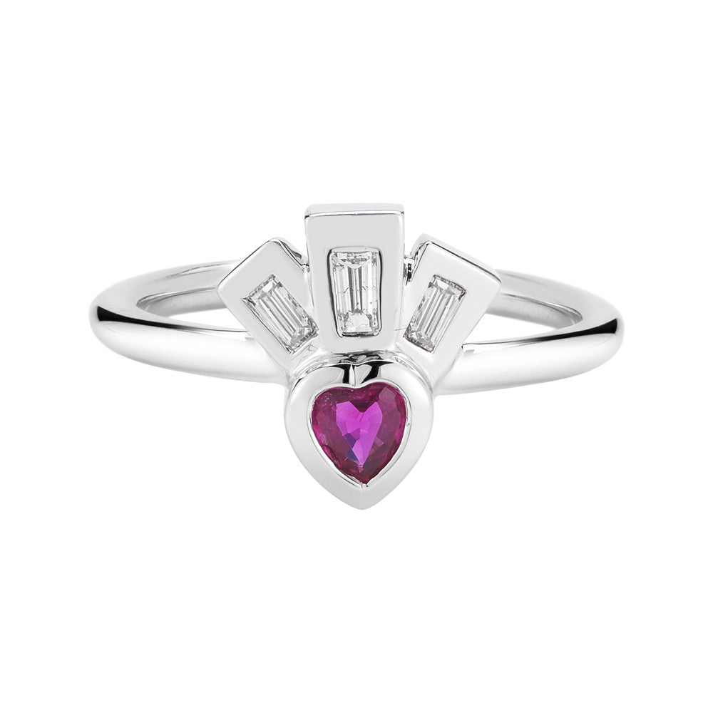 art deco sacred heart red ruby ring with baguette diamonds on 18k white gold band by finn by candice pool neistat