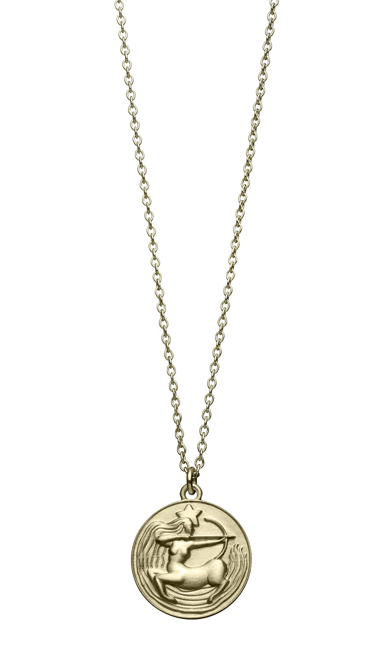 astrology sign sagittarius vintage 10k gold pendent on long chain necklace by finn by candice pool neistat