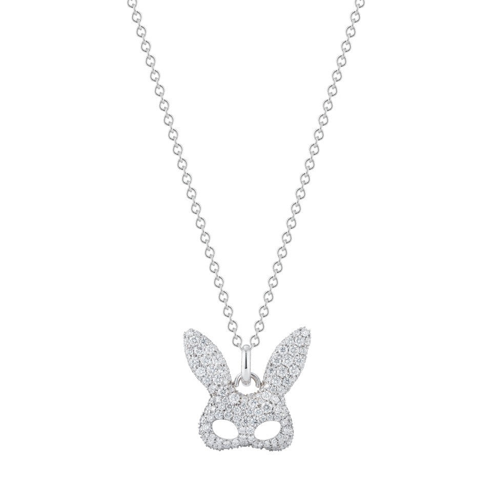 everyday pave diamond encrusted 18k white gold rabbit costume mask necklace by finn by candice pool neistat
