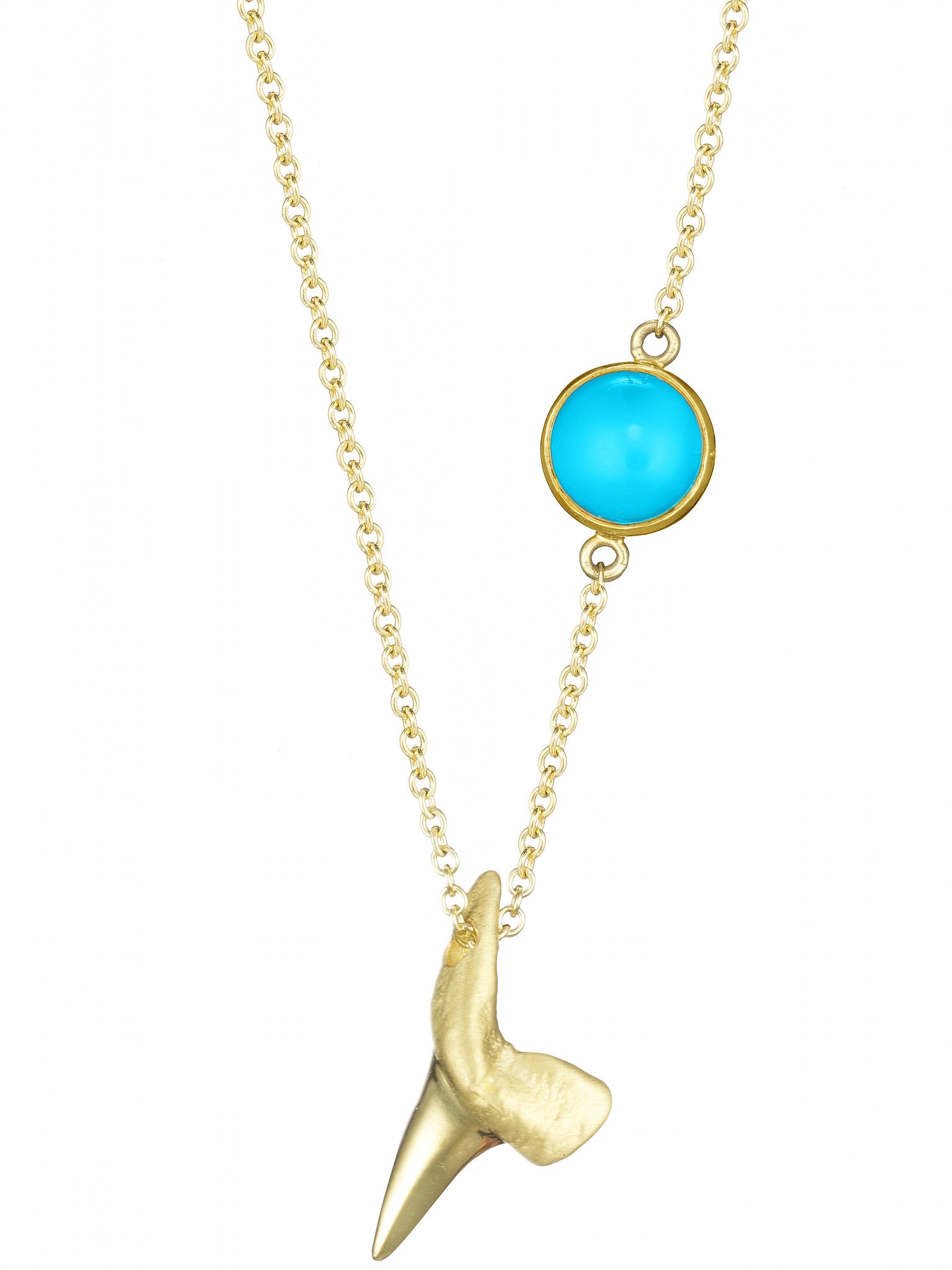 small gold shark tooth and turquoise 18k gold long chain necklace summer jewelry by finn by candice pool neistat
