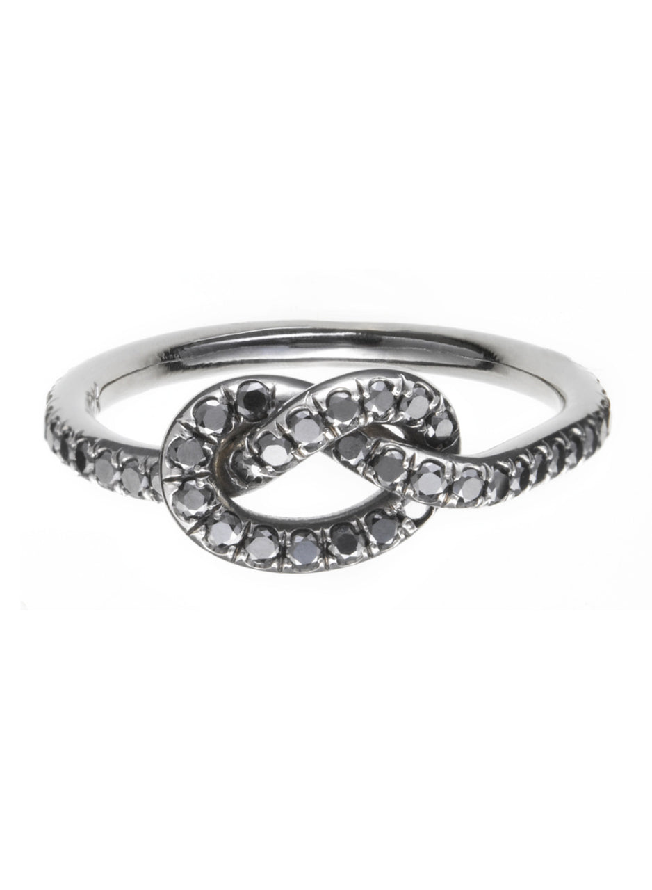 modern love knot ring with black diamonds in 18k white gold by finn by candice pool neistat