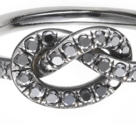 modern love knot ring with black diamonds in 18k white gold by finn by candice pool neistat