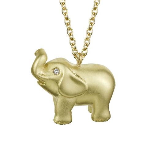 lucky elephant charm pendant necklace in solid 18k yellow gold with diamond eyes on long chain by finn by candice pool neistat