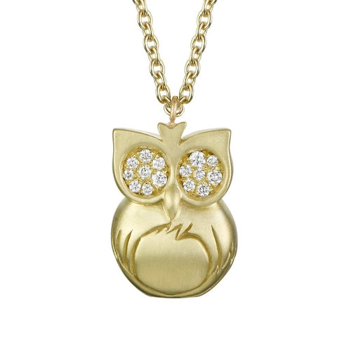 cute solid 18k yellow gold owl pendant charm with big pave diamond eyes on long chain by finn by candice pool neistat