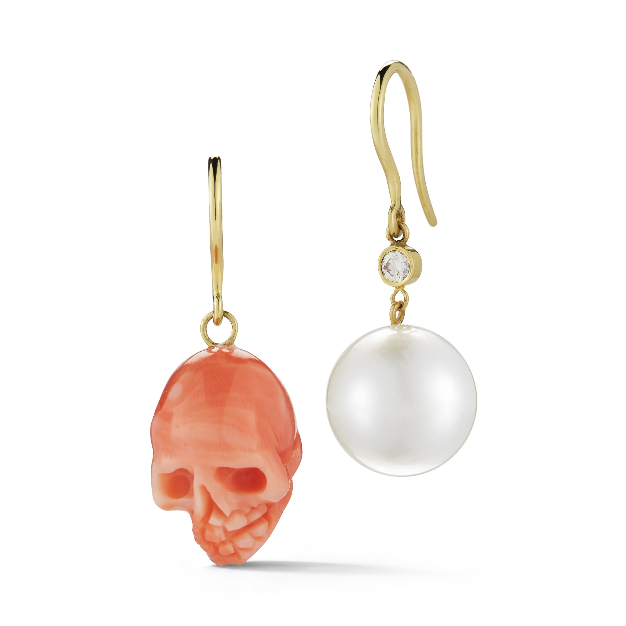 mismatched funky edgy coral red skull and pearl earring set in 18k gold by finn by candice pool neistat