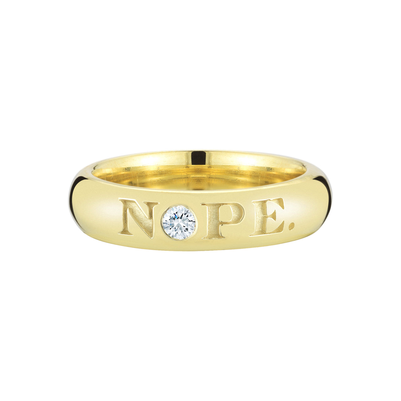 funky playful engraved NOPE and OK! diamond 18k yellow gold ring by finn by candice pool neistat