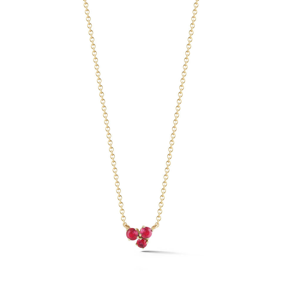 playful yet classic 18k gold cluster ruby necklace with .13 cts total ruby by finn by candice pool neistat 