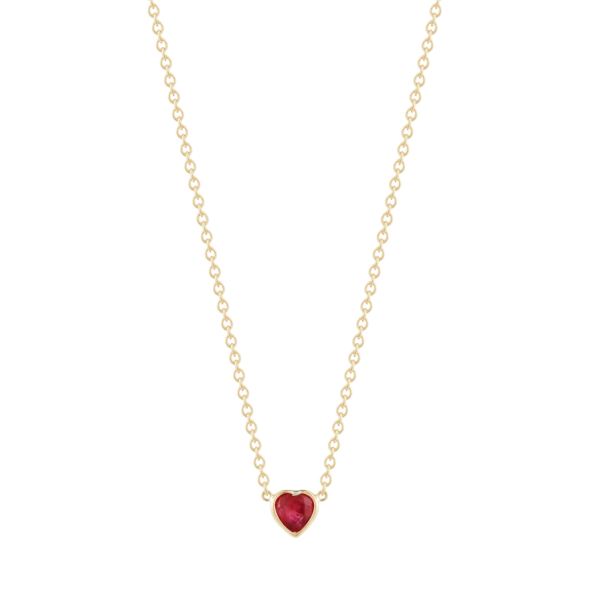 adorable and cute heart shaped red ruby on mid length 18k yellow gold chain by finn by candice pool neistat