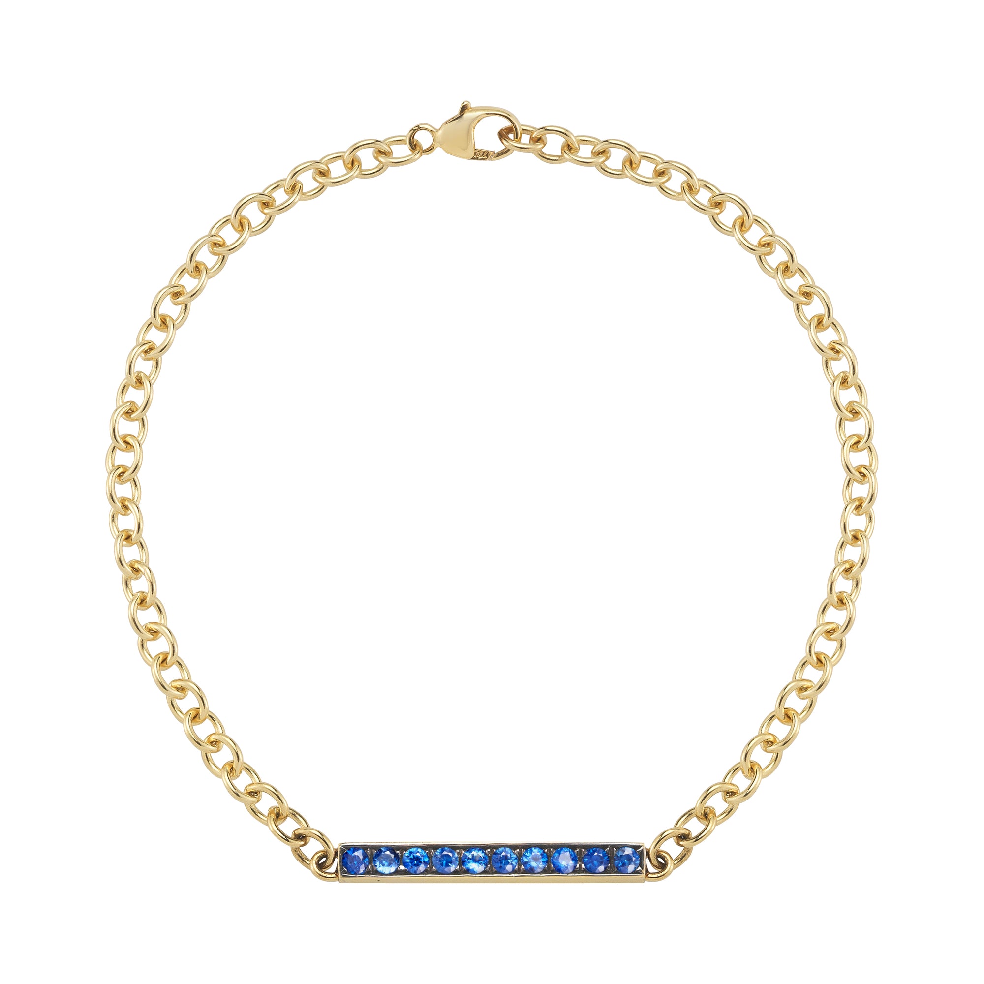 delicate 18k yellow gold chain bar bracelet with blue sapphire stones by finn by candice pool neistat
