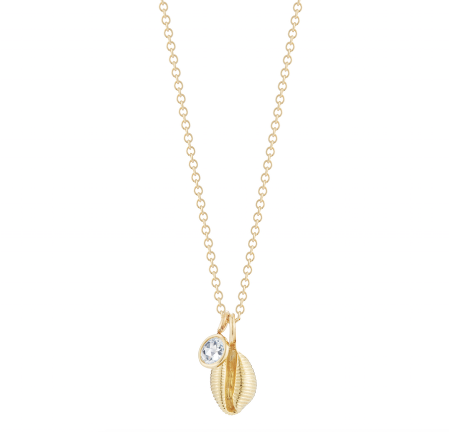 gold cowry shell necklace with rose cut diamond charm finn jewelry