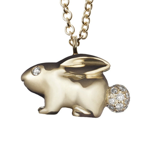cute bunny rabbit charm with pave diamond cottontail necklace in solid 18k gold on long chain by finn by candice pool neistat